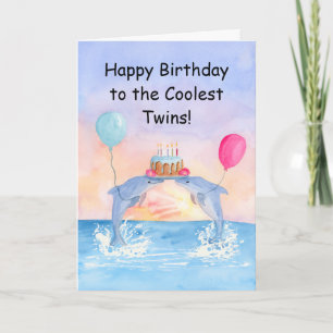 Twins Happy Birthday Dolphins with Birthday Cake Card