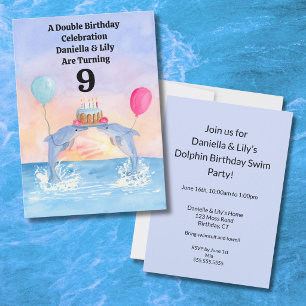 Twins Happy Birthday Dolphins with Birthday Cake Invitation