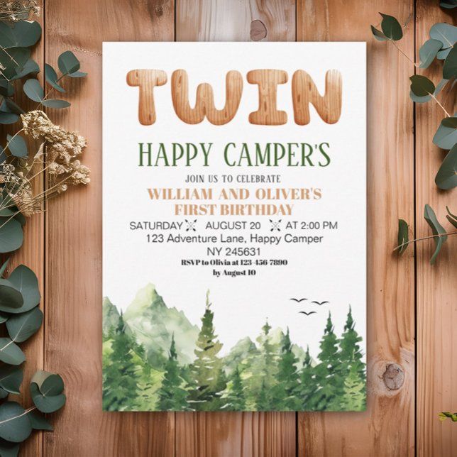 Twins Happy Campers Wood Green Forest 1st Birthday Invitation (Creator Uploaded)