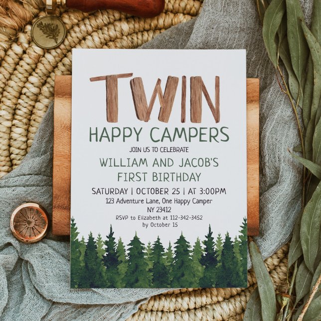 Twins Happy Campers Woodland Boys 1st Birthday  Invitation (Creator Uploaded)