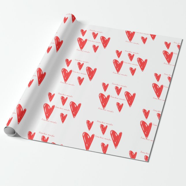 Twins Have More Fun Red Hearts Wrapping Paper (Unrolled)
