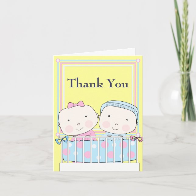Twins in Crib, Girl and Boy Baby Thank You Card (Front)