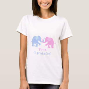 "Twins in Production" Blue and Pink Baby Elephants T-Shirt