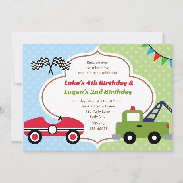 Twins Invitations Boy Birthday Race Car Tow Truck (Front)