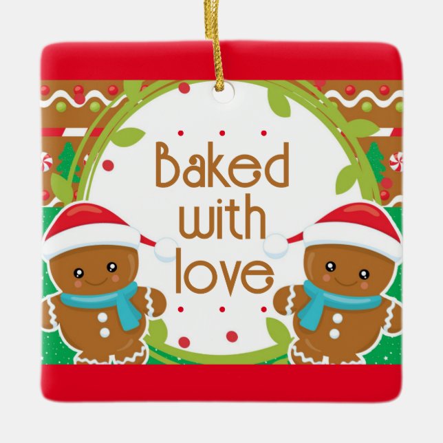 Twins Jolly Gingerbread Men Baked With Love Ceramic Ornament (Front)
