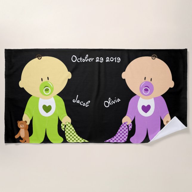 Twins Keepsake Personalised Beach Towel (Front)