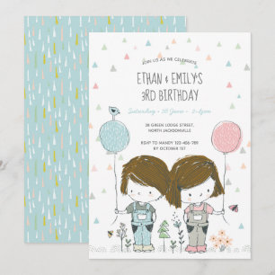 Twins Kids Birthday Invitation whimsical