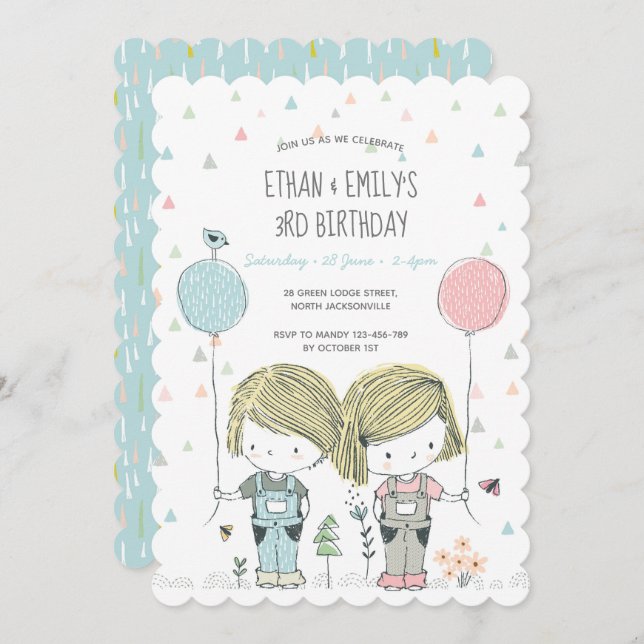 Twins Kids Birthday Invitation whimsical (Front/Back)