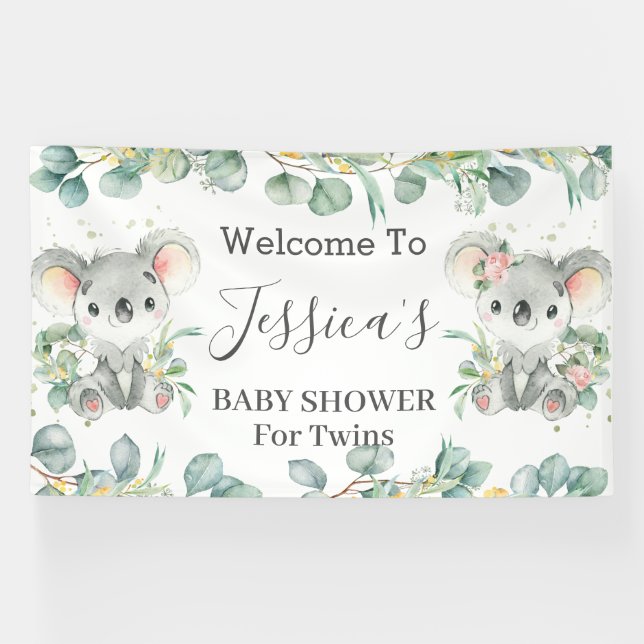 Twins Koala Eucalyptus Greenery Welcome Backdrop Banner (Horizontal)