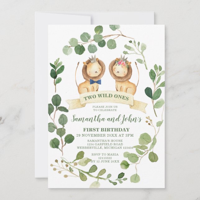 Twins Lion Cubs Birthday Invite (Front)