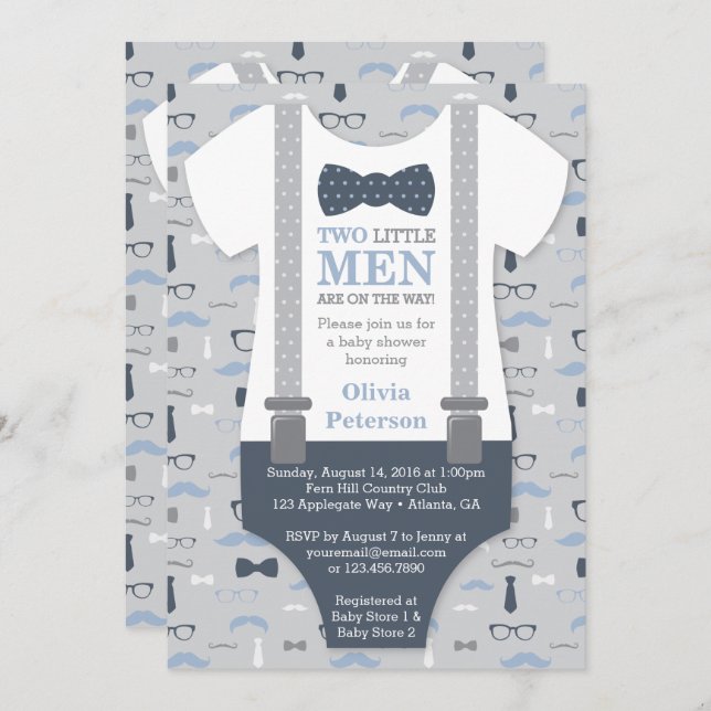 Twins Little Man Baby Shower Invitation, Blue Grey Invitation (Front/Back)
