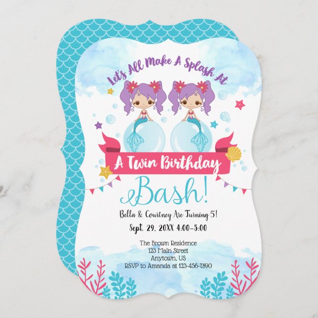 Twins Mermaid Birthday Invitation (Front/Back)