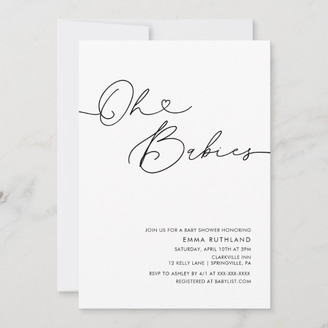 Twins Minimalist Handwritten Heart Baby Shower Invitation (Front)