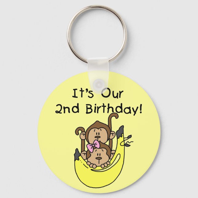 Twins Monkey Boy and Girl 2nd Birthday Key Ring (Front)