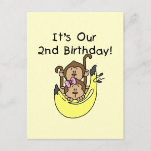 Twins Monkey Boy and Girl 2nd Birthday Postcard