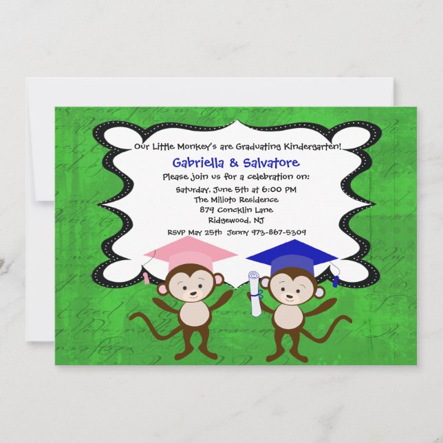 Twins Monkeying Around Graduation Invitation (Front)