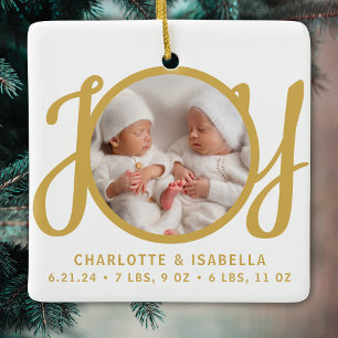 Twins Names Birth Stats Photo Gold Script Keepsake Ceramic Ornament