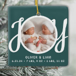 Twins Names Birth Stats Photo Green Keepsake<br><div class="desc">This cute Twins Names Birth Stats Christmas Photo Ornament is decorated with the word JOY in stylish script typography on a green background.
Easily customisable with your photo,  names,  and baby's birth stats.</div>