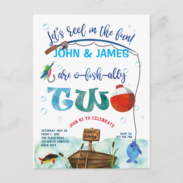 Twins O-fish-ally fishing themed 2nd birthday Invitation Postcard (Front)
