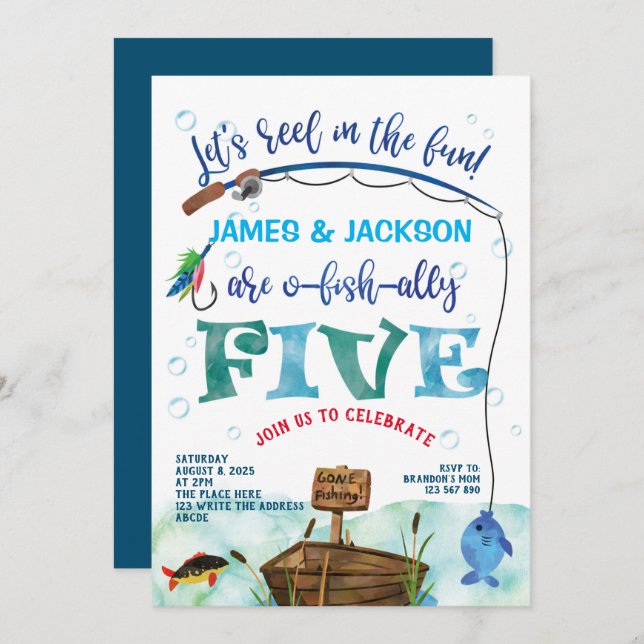 Twins O-fish-ally Little Fisherman 5th birthday Invitation (Front/Back)