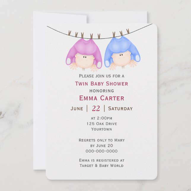 Twins On Clothesline Baby Shower Invitation (Front)