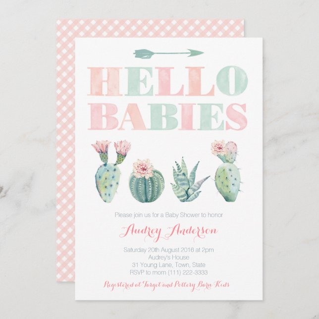 Twins or Joint Baby Shower Party with Succulents Invitation (Front/Back)