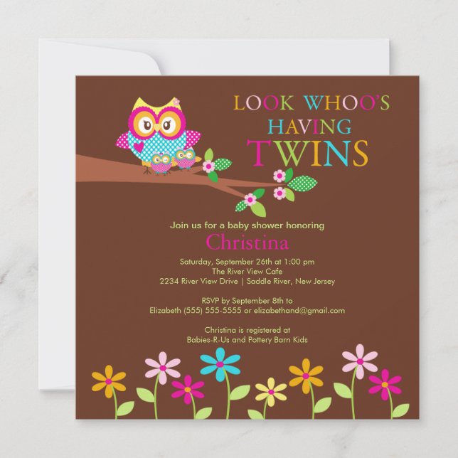 Twins Owl Baby Shower Invitations (Front)