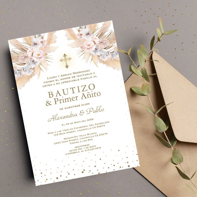 Twins Pampas Grass Floral Primer Añito Bautizo  Invitation (Creator Uploaded)