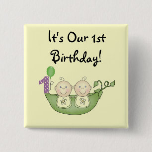 Twins Peas in a Pod  First Birthday 15 Cm Square Badge