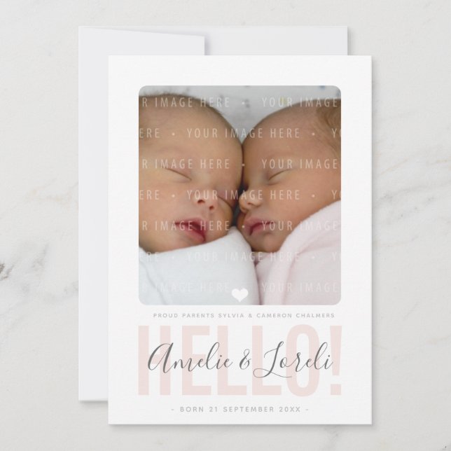 TWINS PHOTO BIRTH ANNOUNCEMENT hello pink girls (Front)