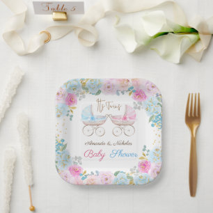 Twins Pink and Blue Baby Shower Decor Paper Plate