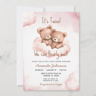 Twins Pink Bear Baby Shower Invitation
