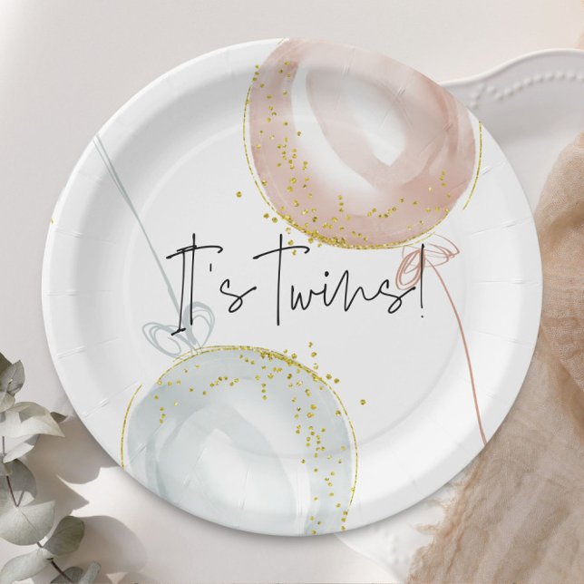 Twins Pink & Blue Balloon Gender Reveal  Paper Plate (Creator Uploaded)