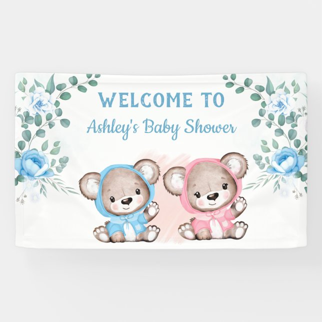  Twins Pink Blue Bear Floral Custom Baby Shower   Banner (Horizontal)