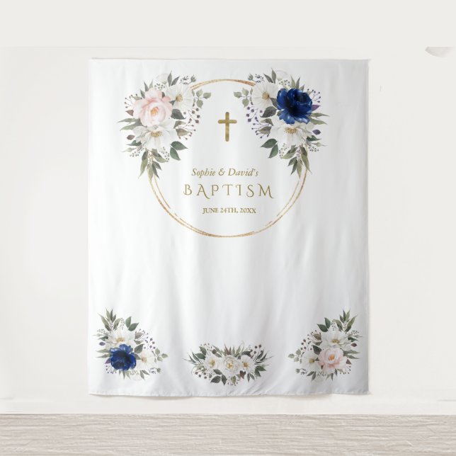 Twins Pink Blue Floral Baptism Gold Photo Prop  Tapestry (Front)