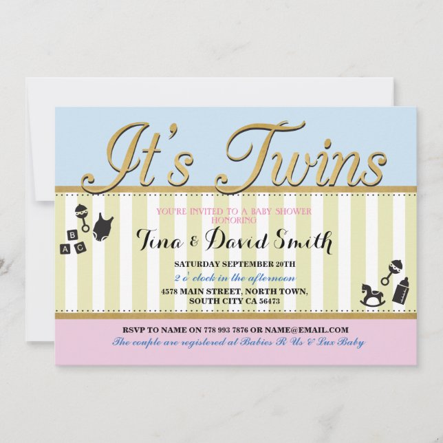 Twins Pink Blue Gold Boy Girl Baby Shower Invite (Front)