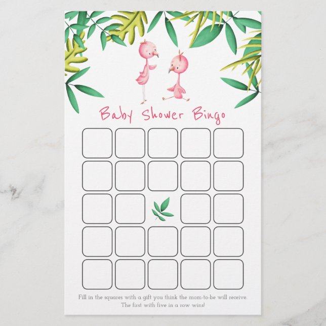 Twins Pink Flamingo Baby Shower Bingo Card (Front)