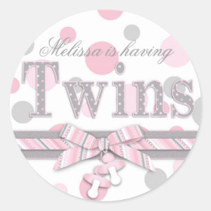 Twins Pink & Grey Polka Dots Baby Shower Classic Round Sticker