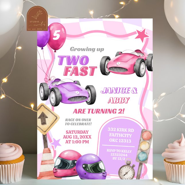 Twins Pink Racing Car Two Fast Girl 2nd Birthday Invitation (Creator Uploaded)