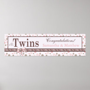 TWINS Pink Taupe Dots Baby Shower Banner Poster