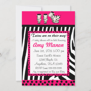 Twins Pink Zebra Print Personalised Baby Shower Invitation