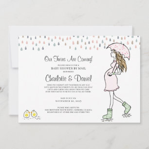Twins Pregnant Mum Umbrella Baby Shower By Mail In Invitation