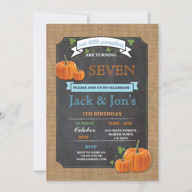 Twins Pumpkin Any Age Birthday Party Boy's Invite (Front)
