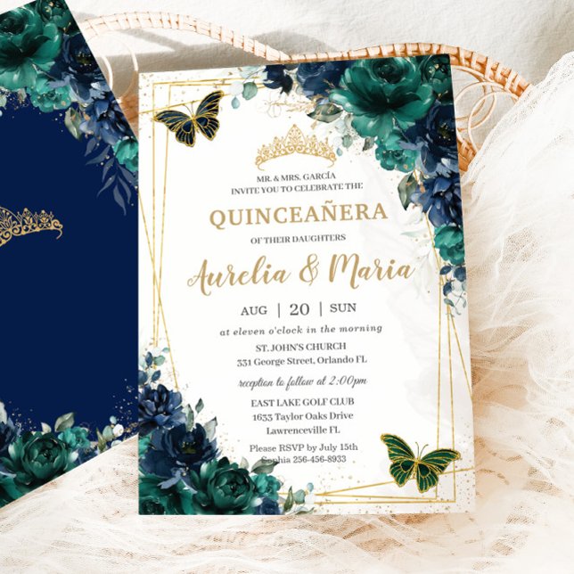 Twins Quinceañera Emerald Green Navy Blue Floral Invitation (Creator Uploaded)