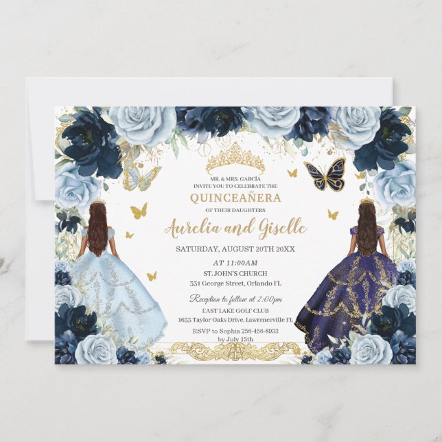 Twins Quinceañera Princesses Navy Baby Blue Floral Invitation (Front)