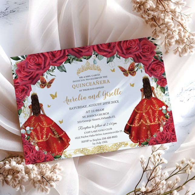 Twins Quinceañera Princesses Red Roses Floral Gold Invitation (red roses floral twins quinceanera sweet 16 birthday invitation printed cards and digital download)