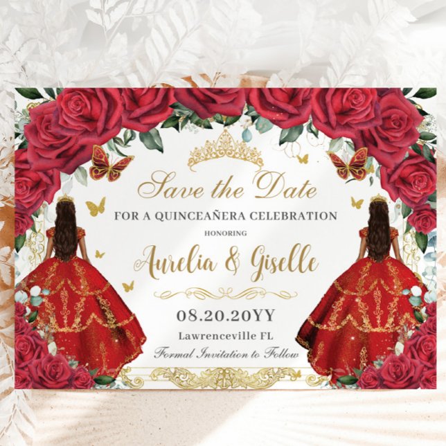 Twins Quinceañera Princesses Red Roses Floral Gold Save The Date (twins quinceanera red roses floral birthday save the date cards brunette girls dresses gold crown)
