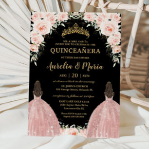 Twins Quinceañera Soft Blush Floral Roses Flowers Invitation