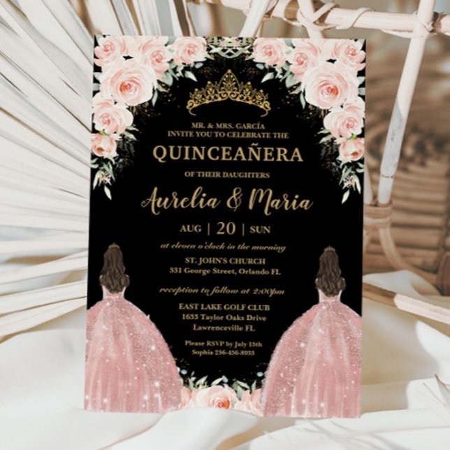 Twins Quinceañera Soft Blush Floral Roses Flowers Invitation (blush pink floral twins joint quinceanera 15 xv birthday brunette girls in rose gold dresses invites)