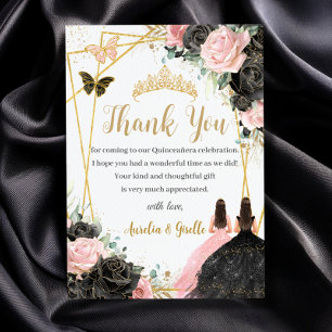 Twins Quinceañera Sweet 16 Black Pink Floral Thank You Card